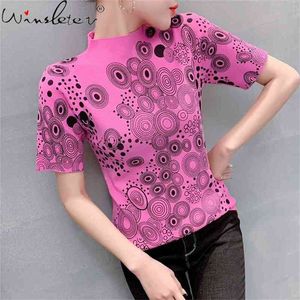 여름 니트 티셔츠 Rosepink 여성 탑 인쇄 모의 넥 짧은 소매 탄성 슬림 티셔츠 의류 T13407A 210421