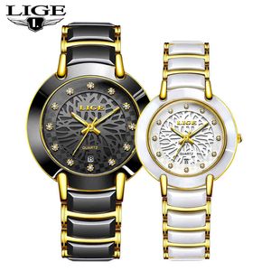 LIGE Ceramic Couple Watches For Lover Original Design Rose gold Fashion Men Quartz Watch Switzerland Luxury Womens Wristwatch 210517