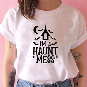 女性のTシャツ服のためのハロウィーンのためのトレンディな緩い創造的な女性イムhaunt messプリント半袖現代のアニメtシャツ