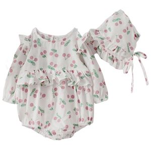 Hat Sweet Cherry Girls Clothes Pure Cotton Bodysuits Baby Outfit Cute Toddler Long-sleeve Jumpsuit 210417