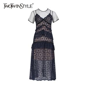 女性首の半袖ハイウエストミディドレス女性夏のファッションの服210517のための2twinstyleのエレガントなパッチワークレースのドレス