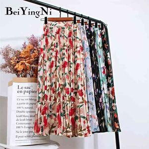 Beiyingni Sommer Chiffon Strand Boho Maxi Frauen Rock Hohe Taille Blumendruck Vintage Urlaub Geraffte Lange Mode Röcke Faldas 210621