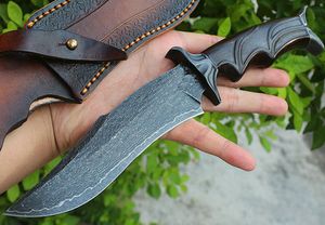 High End Outdoor Survival Straight Kniv Damascus Steels Blades Ebsy + Stålhuvud Handtag Fasta bladknivar med lädermantel