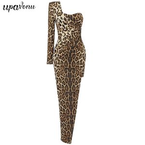 Free Women Sexy Leopard Print Long Dress One Shoulder Sleeve Split Bodycon Club Runway Party 210524