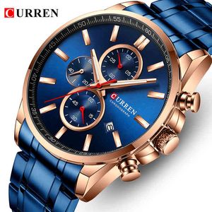 CURREN Orologi da uomo Top Luxury Brand Orologio da uomo al quarzo blu Orologio da polso sportivo grande in acciaio inossidabile Cronografo Data Orologio maschile 210517