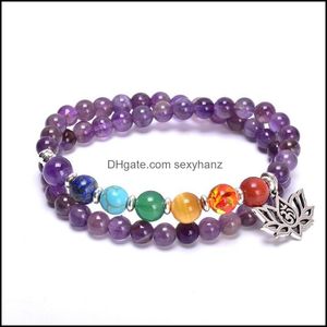 Braccialetti con perline, fili di ametista naturale e braccialetto con ciondoli Perline di cristallo elasticizzate Chakra Yoga Donna Gioielli per la protezione dell'energia spirituale Dro