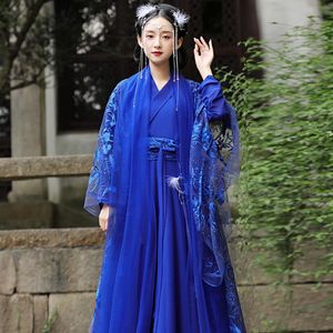 Blaue Damen Hanfu Performance Bühnenkleidung Chinesisches Kleid Cosplay Fee Elegant Antiker Stil Weibliches Kleid Klassisches Volkstanzkostüm