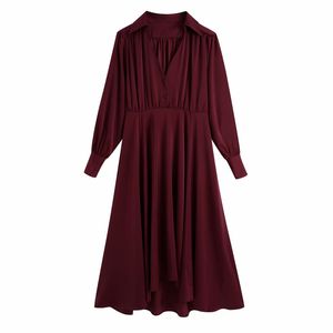 Vintage Woman Burgundy V Neck Long Dress Fashion Ladies Spring Solid Color es Female Elegant Loose Blouse 210515