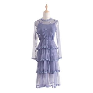 PERHAPS U Blue Mesh Ball Gown Long Sleeve Stand Collar Vintage Retro Midi Puff Sleeve Elegant Dress Cascading Ruffle D0717 210529