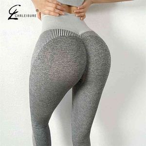 Seksi Kesintisiz Finess Kabarcık Butt Tayt Kadınlar Yüksek Bel Spor Push Up Spor Çizgili Legging 210925