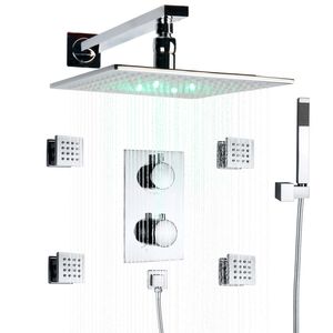 크롬 광택 온도 조절 자연 샤워 수도꼭지 25x25 cm LED 3 색 온도 교환 욕실 샤워 콤보 세트