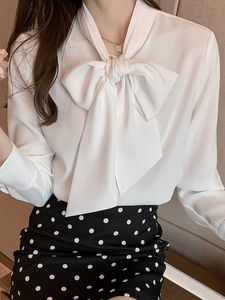 Женские блузки рубашки большие лук белая рубашка дизайн смысл ниша 2021 весна ленты профессиональный драпированный шифон топ с длинным рукавом