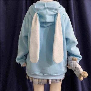 Houzhou Koreański Styl Kobiety Bluzy Wiosna Moda Kawaii Królik Uszy Bluza Z Długim Rękawem Luźny Haft Zip Up Hoodie 210816