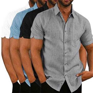 Men's Shirts Blouse Short Sleeve Men Casual Slim Fit Mandarin Collar High Quality Summer Beach Shirt 210809