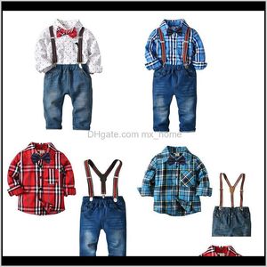 Baby Baby Maternità Drop Delivery 2021 Ragazzi Abiti da uomo 4 pezzi Camicia a maniche lunghe in cotone Papillon Jeans Pantaloni in denim Bretelle Bambini Quattro pezzi