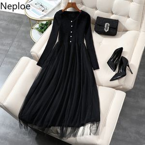 Neploe Plus Size Woman Dress Stickad Patchwork Gauzze Black Vestidos V-Neck Långärmad Robe Hög midja Slim Maxi Klänningar Kvinnor 210422