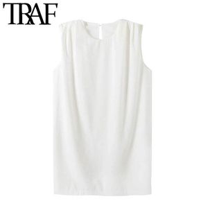 TRAF Mulheres Chic Moda Com Almofadas De Ombro Solto Branco Mini Vestido Vintage O Neck Sem Mangas Femininas Vestidos Vestidos 210415