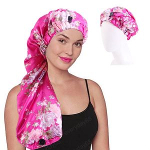 Mulheres ajustável cabelo trança cetim capa cabeça capa longo chapéu cilíndrico impresso flor chemo cancer headwear muçulmano tampão de sono