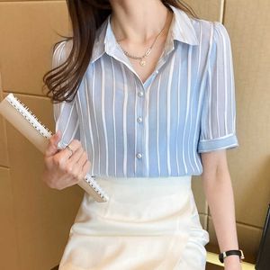韓国のファッションシフォン女性ブラウスサテン半袖シャツパターンオフィスレディブルスラーガスプラスサイズSトップ210531