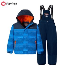2-piece Toddler Boy Striped Hooded Jacket and Snow Bib Ski Suit 210528