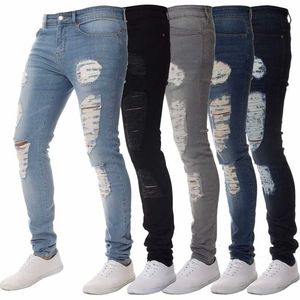 Män Jeans Ripped Hole Slim Fit Casual Mens Steet Wear Distressed Pencil Byxor Svart Ljus Blå Denim Trousers Full Length Pant 211104