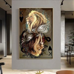 Animal Lion Poker Canvas Wall Art Canvas Print Animal Painting Posters and Prints Retro Decorative Wall Pictures for Living Room