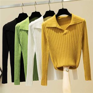 Shintimes Spring Elastic Long Sleeve Knitted Women Sweater Basic Solid Color Turn-Down Collar Pullovers Womens Clothing 210615