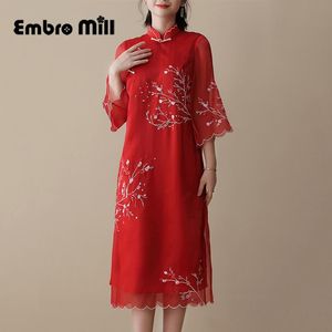 Casual Jurken Zomer Losse Versie Cheongsam Chinese stijl Gesp Retro Borduurwerk Organza Red Engagement Dress Dameskleding S XXL