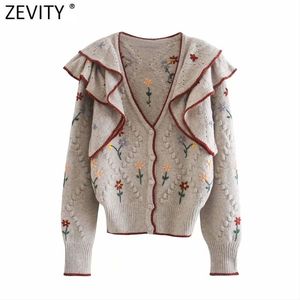 Women Fashion V Neck Flower Embroidery Appliques Cardigan Knitting Sweater Female Chic Cascading Ruffles Casual Tops S559 210416