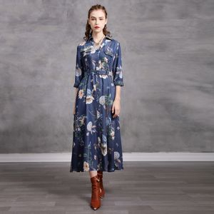 Johnature Mulheres Vintage Cintura Alta Denim Vestidos Botão Imprimir Bolsos Florais Outono Estilo Chinês Feminino Vestidos Soltos 210521