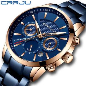 Crrju Business Men Watch Fashion Blue Chronograph Stianless Steel Armbandsur Casual Vattentät Klocka Relogio Masculino 210517