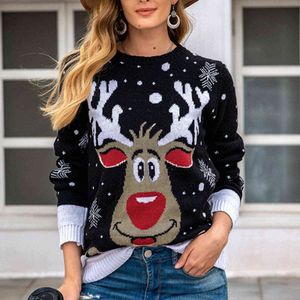 Kvinnor Ugly Christmas Sweater Deer Print Warm Strikkad Långärmad Tröja Jumper Toppar O-Neck Casual Blouse Juldag Sweater Y1118