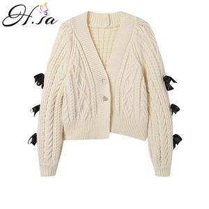 H SA Women Casual Sweater and V neck Button Up Sleeve Bow Tie Cute Girls White Cardigans Thick Chic Jumpers Twisted