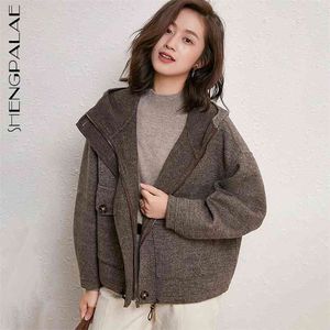 Ulljacka kvinnors höst vinter Japan stil Casual stor storlek hooded kort dubbel vänd ull kappa 5a945 210427