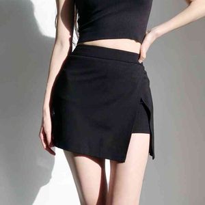 Koreanska höga midjan långa ben sida slitsar anti kjol kort med säkerhet kvinnor främre mini skort i svart qa75 210603