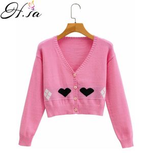 HSA Kobiety Zima V-Neck Sweet Heart Cute Knit Button Ins Kurtka Kawaii Chic Krótki sweter Cardigan Płaszcz do 210417
