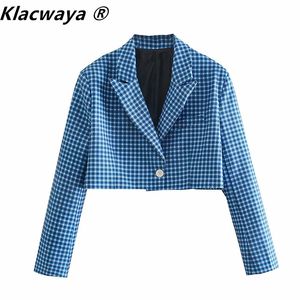 Women Fashion Single Button Cropped Checked Blazer Coat Vintage Long Sleeve Female Outerwear Chic Veste Femme 210521