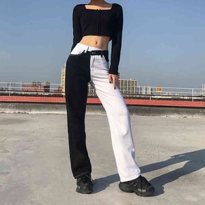 Streetwear preto branco remendado y2k jeans para meninas femininas moda feminina calças jeans altas cintura calças harajuku capris 210415