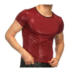 セクシーな男性光沢のあるスキニーTシャツ高品質トップクラブウェアoネック半袖プルオーバースリムフィット特許レザーTシャツ男性210726