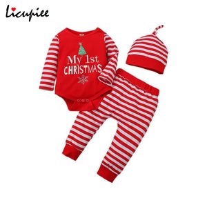 Kleidungssets 3-teiliges Weihnachtskleidungsset für geborene Babys für Kinder, Kleinkinder, Jungen, Mädchen, Briefdruck, Strampler, Overalls + gestreifte Hosen, Weihnachten, 0–18 Monate