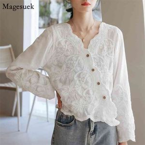 Floral Embroidery Cotton Blouse Women V Neck Button Up Shirt Solid Long Sleeve Casual Blouses Female Clothing 13332 210512