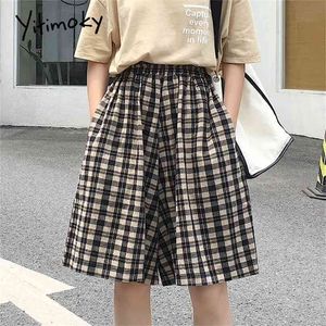 Plaid Kvinnor Shorts Elastisk Midja Japan Stil Hög midja för Harajuku Kort plusstorlek 5XL Lös 210714