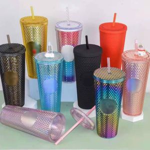 DHL 24oz Real Logo Mugs Iridescent Bling Rainbow Studded Cold Cup Tumbler Kaffee Wasserflasche mit Strohhalm