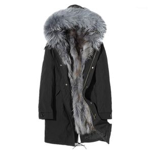 Männer Leder Faux Echt Pelzmantel Waschbären Parka Winter Jacke Lange Männlichen Warme Parkas Plus Größe Manteau Homme D-96-1701 MY1828