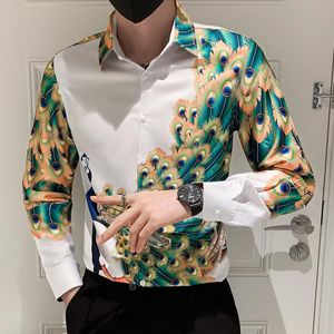 Men's Casual Shirts Korean Slim Fit Social Shirt Camisa Long Sleeve Night Club Mens Button Luxury Men Flower Peacock Print