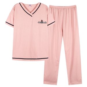 パジャマのセットビッグサイズの綿の棒の寝室のための女性のための3xl 4xl最大100kgまで夏のラウンジウェアピンク首の女性の女性の210809