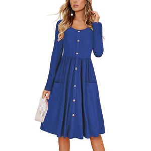 Casual Dresses Women Long Sleeve Dress Crew Neck Solid Color Big Hem Front Button Pockets Plus Size One Piece Suit Female Party Wear