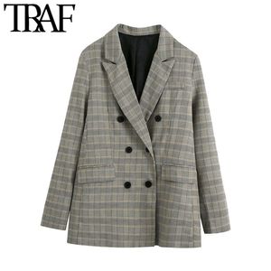 Frauen Mode Büro Tragen Zweireiher Check Blazer Mantel Vintage Langarm Taschen Weibliche Oberbekleidung Chic Tops 210507