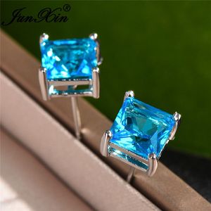 Stud 4/5/6/7MM Crystal Stone Square Earrings For Women Men Silver Princess Aqua Blue Zircon Wedding Ear Studs Party Jewelry Cz