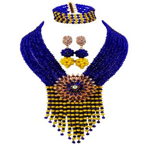 Nigeriana Contas Amarelas Conjunto De Jóias venda por atacado-Brincos Colar Royal Azul e Opaco Amarelo Nigeriano Jóias Africano Jóias De Cristal Frisado Party Sets SK07